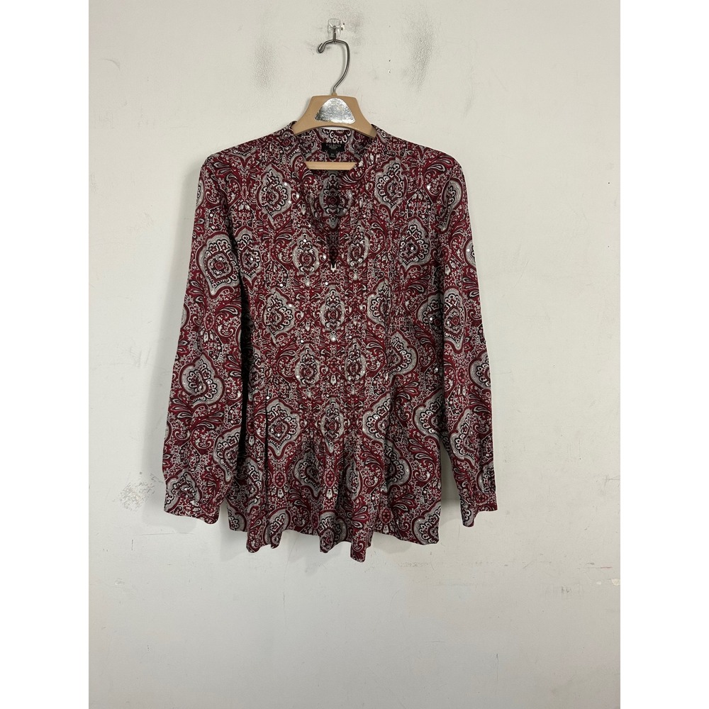 Talbots Woman 2X Red Paisley Sequin Pintuck Cotton Blouse Long Sleeve Top